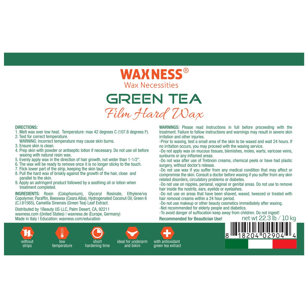 Waxness Film Hard Wax Beads Green Tea Bulk 22 lb / 10 kg