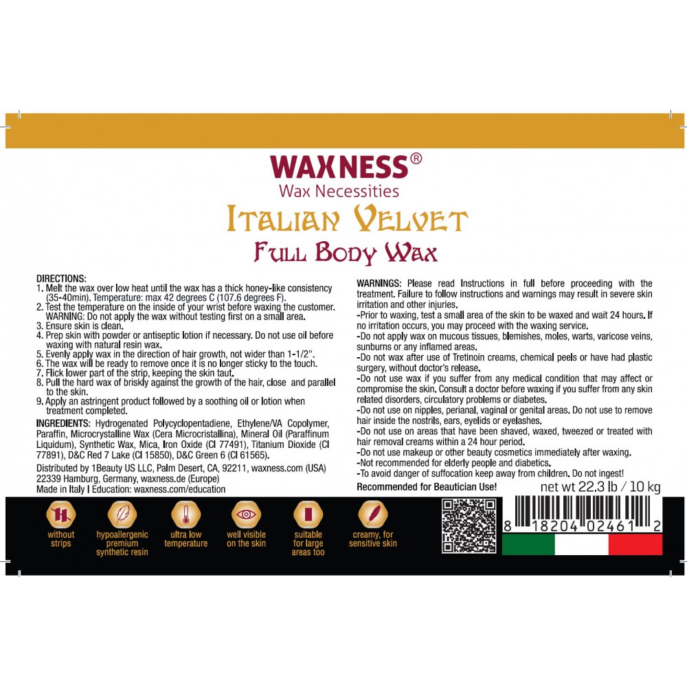 Waxness Italian Velvet Full Body Hard Wax 22 Lb / 10 Kg