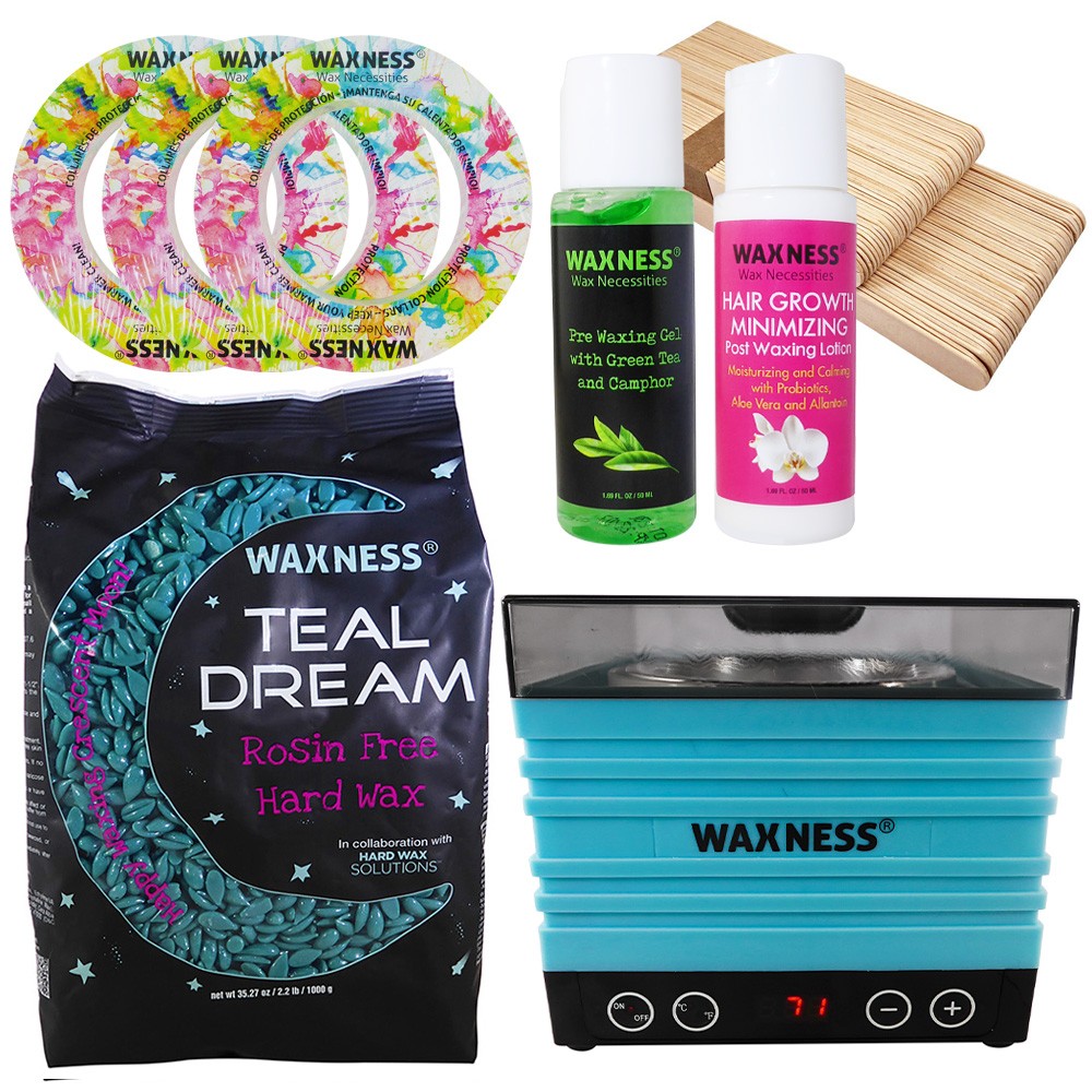 Waxness Premium Teal Dream Professional Stripless Waxing Kit with W-CUBE Teal Warmer and  1.65 lb 0.74 kg Wax Bag