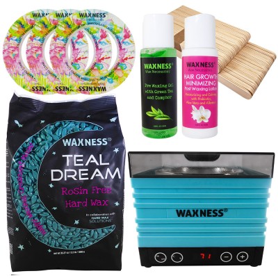 Premium Teal Dream Professional Stripless Waxing Kit with W-CUBE Teal Warmer and  2.2 lb 1 kg Wax Bag